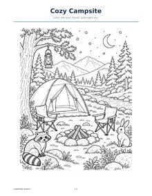 A coloring page: the campsite at night